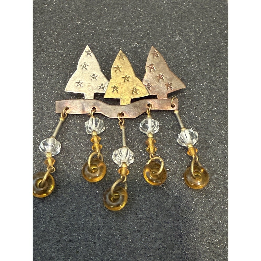 Vintage  Handmade Triple Christmas Tree Gold & Silver Tone Brooch Pin Dangles